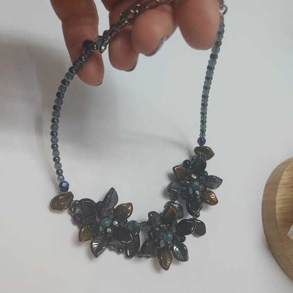 Polished Stone Flower bouquet pendant w/ purple blue black bead accents Necklace - Picture 9 of 9